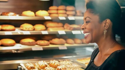 Smiling African American female owner of a small bakery against the backdrop of fresh baked goods. A moment of joy as she showcases her handcrafted treats, her smile infectious and warm. - Powered by Adobe