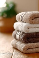 Soft, Earthy Toned Towels Stacked Neatly on a Wooden Table, Ideal for Spa and Bathroom Decor