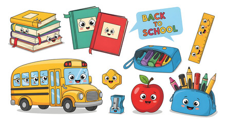 Kawaii back to school set with cute character faces. A whimsical collection of cartoon school supplies and bus.