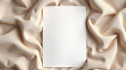 A clean, empty white rectangle card rests perfectly centered on luxurious, flowing beige silk fabric with soft drapes and folds. Ideal for invitations or mockups.