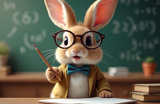 Funny cartoon rabbit wearing glasses and a bow tie, holds a pencil. Rabbit teaches math on chalkboard in classroom. Cute fluffy animal character, great for education, kids, or whimsical designs.