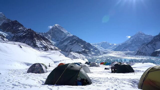 Himalayan glacier base camp tents, snowy mountains