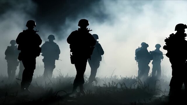 Military exercises. Group of soldiers are walking across the field. Teamwork.