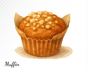 Watercolor muffin with crumble topping, hand-painted sweet baked dessert in brown paper liner. Vector illustration.