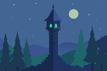 Fototapeta premium Mysterious dark tower in a forest at night under a full moon