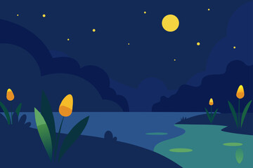 Stylized night landscape with moonlit water and glowing flowers