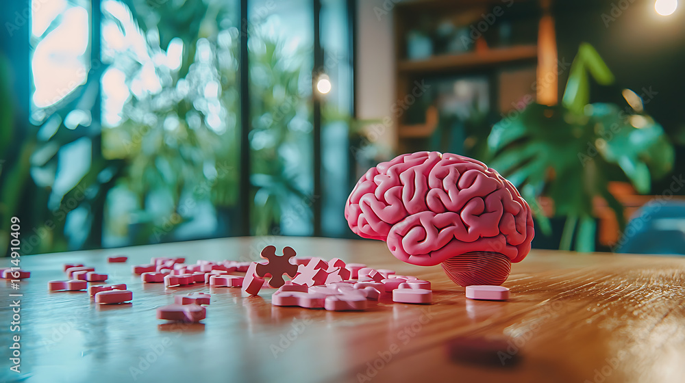 Poster pink brain model with scattered puzzle pieces on a wooden table in a bright indoor setting, represen