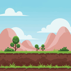 Cartoon landscape with mountains, trees, and clouds under a blue sky