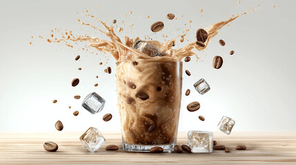 Iced coffee splash with ice cubes and coffee beans in glass