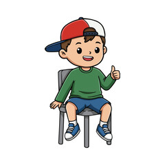 Boy with Cap Sitting on a Chair Giving a Thumbs Up