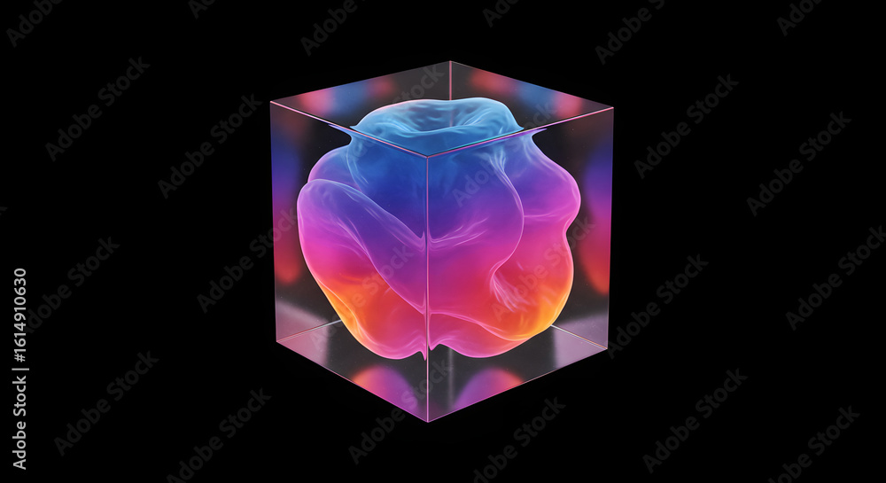 Poster translucent cube containing a gradient colored organic form floating in digital space