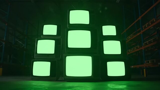 Vintage TV Stack in Warehouse with Green Screen, Retro Television Stack in Industrial Setting With Green and White Screens