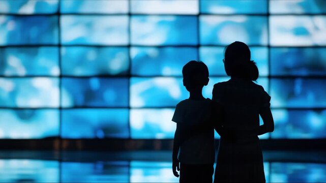 people silhouettes moving, walking against colorful wall display with mirror effect at AR exhibition: back view