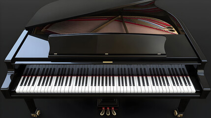 A polished black grand piano with open lid, showcasing intricate details