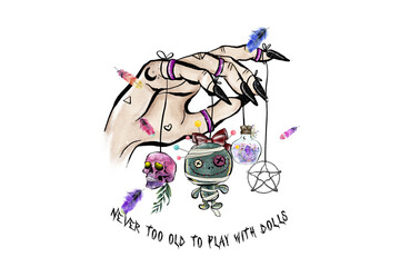 Never Too Old to Play with Dolls – A surreal hand manipulates voodoo dolls with a skull and pentagram, Halloween Sublimation Design