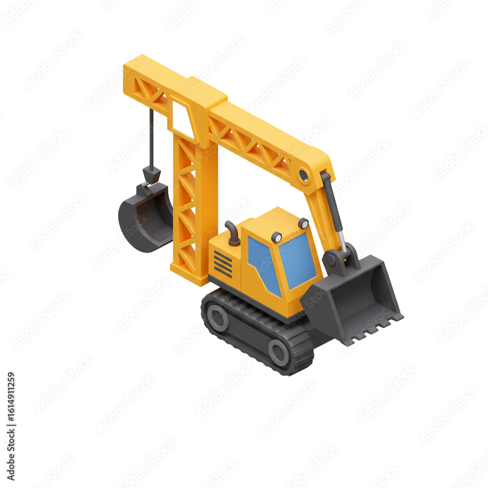 Poster a stylized yellow construction vehicle with a crane and bucket is depicted in a simple isometric ill