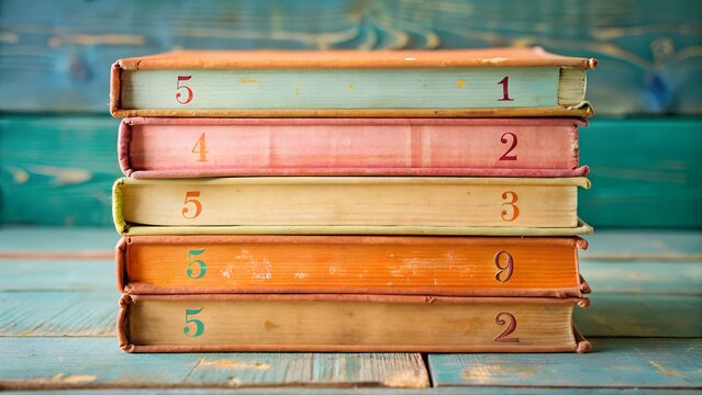 Stack of Vintage Books with Numbers on Spines Against Turquoise Background