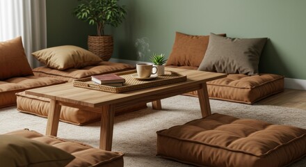 Cozy Japanese-Inspired Living Room with Coffee, Books, and Relaxation.