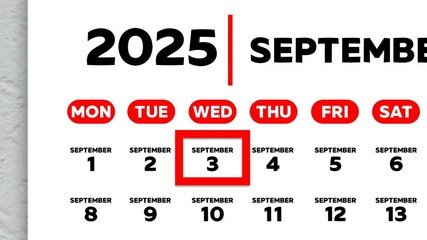 The date September 3rd marked with a red cursor on the wall calendar 2025