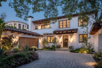 Fototapeta premium Beautiful modern coastal house with elegant architecture and lush landscaping lit by soft evening glow in a serene neighborhood