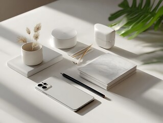 Minimal white setup with phone diffuser stylus and structured routine vibes