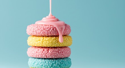 Close-Up of Stacked Pastel Sugar Cookies with Dripping Pink Icing on Soft Blue Background