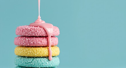 Close-Up of Stacked Pastel Sugar Cookies with Dripping Pink Icing on Soft Blue Background