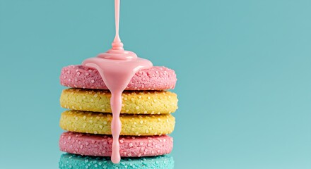 Close-Up of Stacked Pastel Sugar Cookies with Dripping Pink Icing on Soft Blue Background
