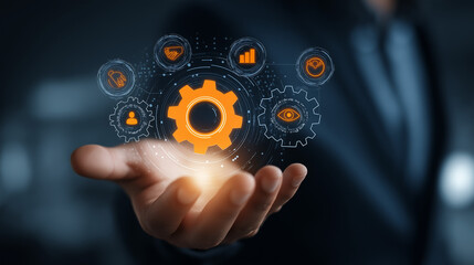 Digital Technology and Data Analysis Concept with Hand Holding a Gear Icon