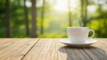Steaming cup of hot coffee on a rustic wooden table with a tranquil, sunlit green forest background