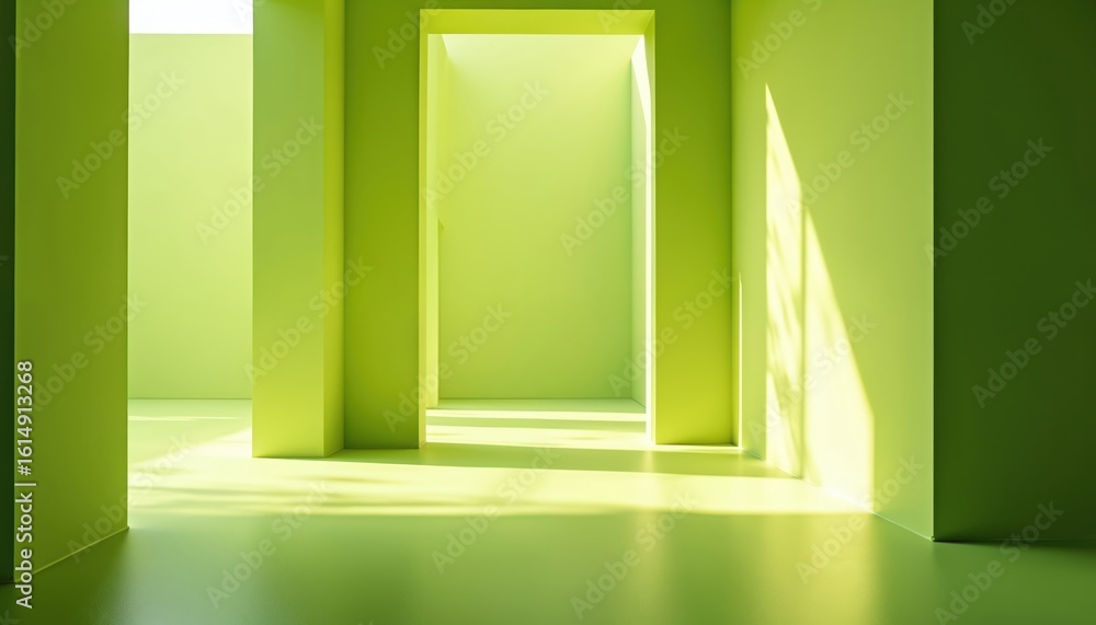 Poster abstract architectural interior in lime green tones. sunlight streams through openings creating geom