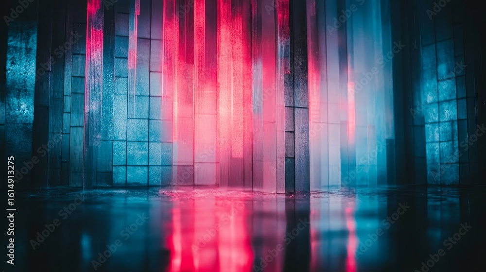 Poster electric crimson and cyan gradient background with abstract light leaks and textured patterns