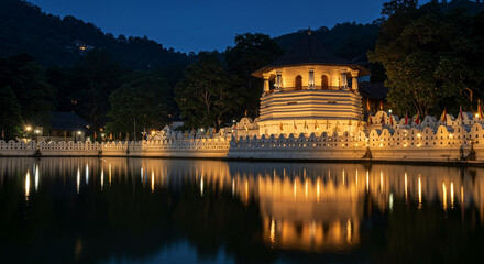 Naklejka premium Sacred Temple of the Tooth Relic Illuminated at Night in Kandy, Sri Lanka