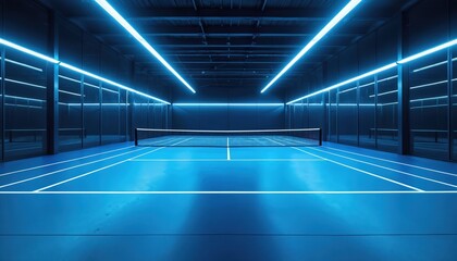 Illuminated indoor padel court with sleek design, modern aesthetics, and blue LED lighting. This pro sports facility offers a clean, contemporary recreational space for athletic activity and fitness.