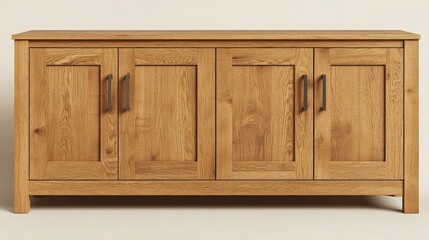Oak sideboard with four doors and dark handles. Use for design projects showcasing furniture and interior design.