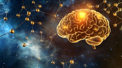 A golden molecular structure of spermidine floating above a brain-shaped nebula, glowing with energy.