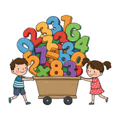 Children with a cart full of colorful numbers Educational concept