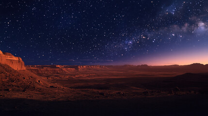 Obraz premium Starry night sky over red desert and mountains