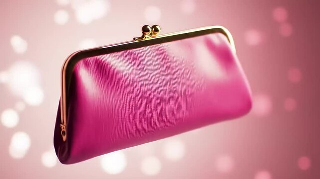 Pink purse floats, bokeh background, fashion ad