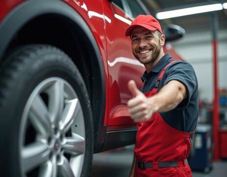 Smiling mechanic in red overalls and cap gives thumbs up near red car in garage. Confident auto repair technician offers car maintenance service. Professional job, client satisfaction.