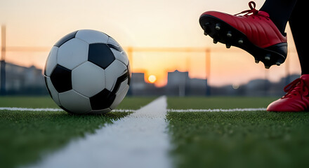 Naklejka premium Get ready to score the winning goal with this vibrant soccer ball on the green field during a beautiful sunset, perfect for sports enthusiasts and athletic campaigns worldwide