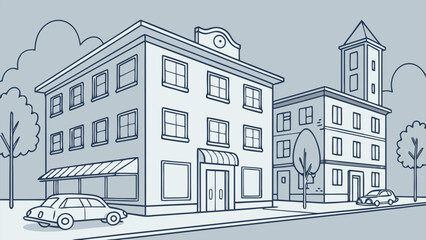 Stylized line art illustration of a charming town street scene with buildings and cars
