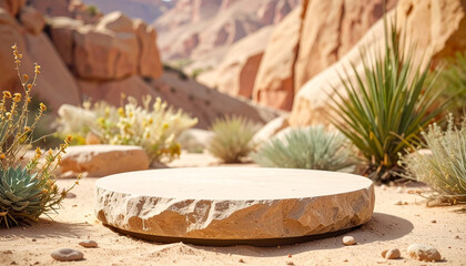 Empty sandstone podium surrounded by desert flora, rocky wall on backdrop. Empty pedestal.