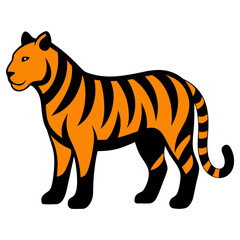 Obraz premium Stylized illustration of a majestic orange and black striped tiger standing confidently in profile against a white background