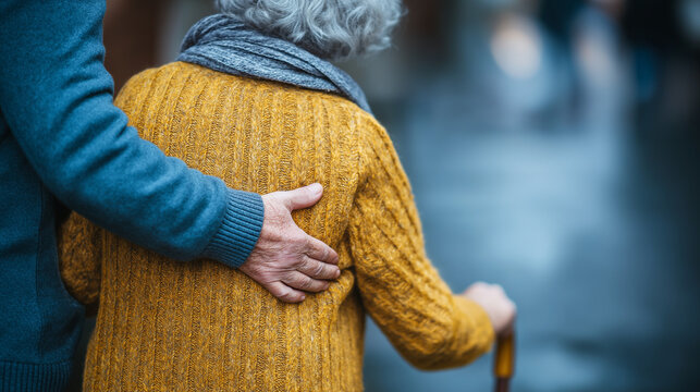 A supportive gesture during a walk showing care and companionship