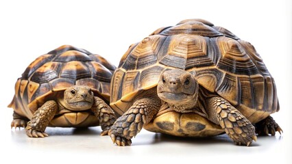 Two African Spurred Tortoises with intricately patterned shells, walking on white background