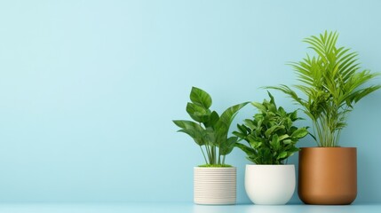 Obraz premium Three houseplants styled with minimalism against a light blue backdrop