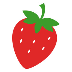 Fototapeta premium A simple and clean flat illustration of a ripe red strawberry with green leaves and white seeds on a white background