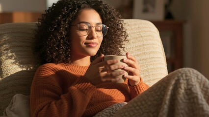 Serene young woman relaxing in a sunlit armchair with a warm beverage, enjoying a peaceful and cozy moment of mindfulness at home.