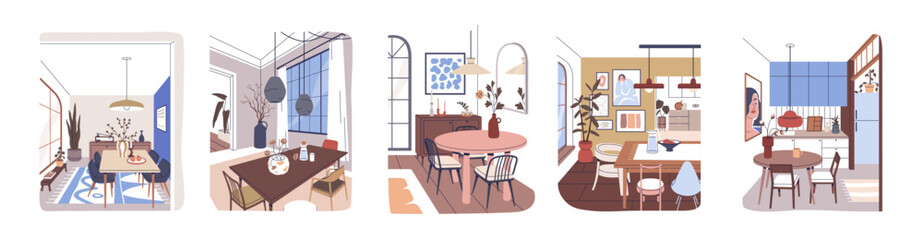 Dining room and kitchen interiors set. Modern home spaces with dinner table, chairs, lamps, vase, plant, cozy decoration, trendy furniture. Flat vector illustrations isolated on white background